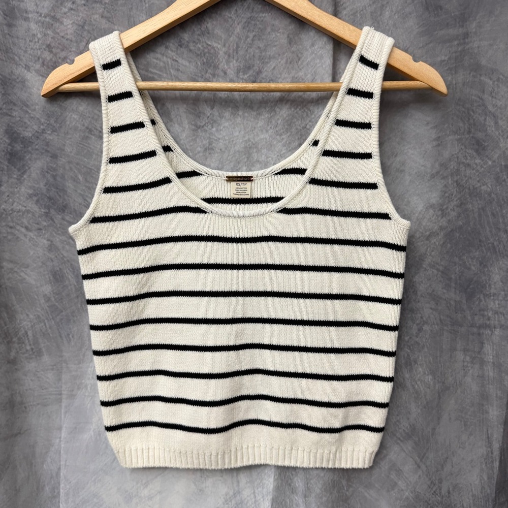 Magaschoni Womens XS Striped Cotton Knit Tank Top Ivory Navy Blue Scoop Neck